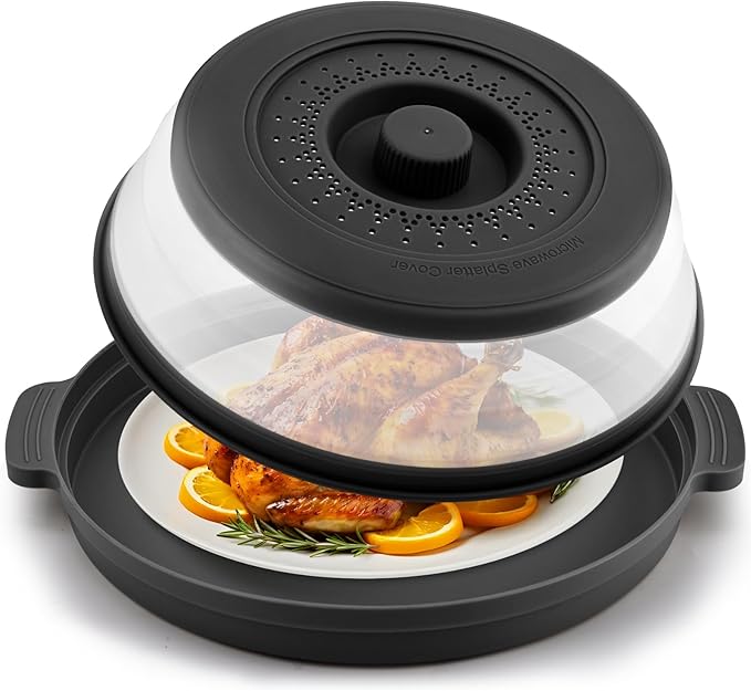 Microwave Splatter Cover for Food with Anti-scald Base Plate,Large Plastic & Silicone Vented Avoid Scalding Collapsible Guard Lid,Kitchen Essential Gadgets for Meal Prep-10.7 Inch (Black)
