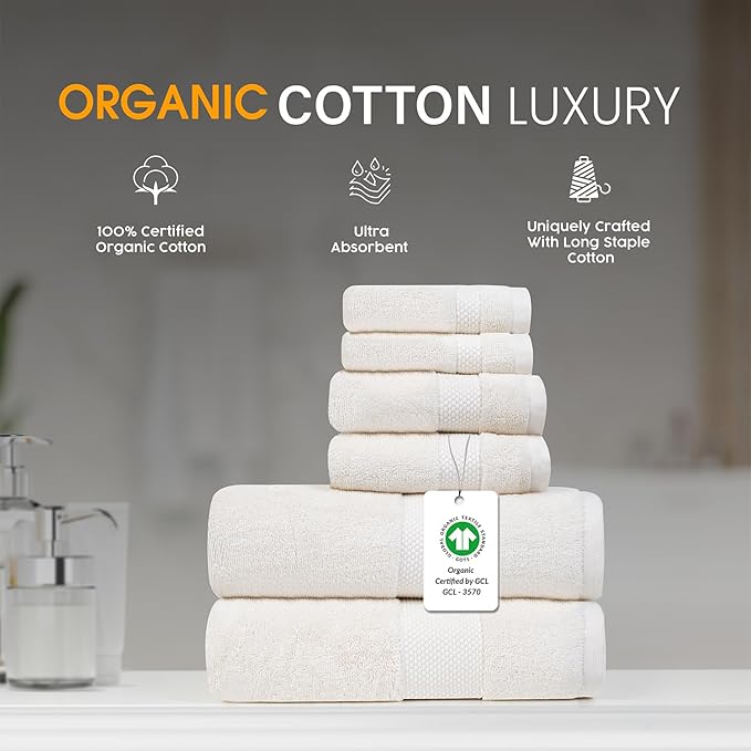 Farm to Home 100% Organic Christmas Bath Towel Set of 6 – GOTS & Oeko-TEX Certified Organic Cotton, Soft, Ultra Absorbent, Quick Dry - Includes 2 Bath Towels, 2 Hand Towels, 2 Washcloths - Pearl