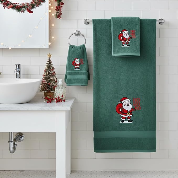 Peryiter 6 Pack Cotton Christmas Bath Towels Set Green Santa Claus Towels for Bathroom, Soft and Absorbent, Contains 2 Bath Cloth, 2 Hand Cloth and 2 Wash Cloths