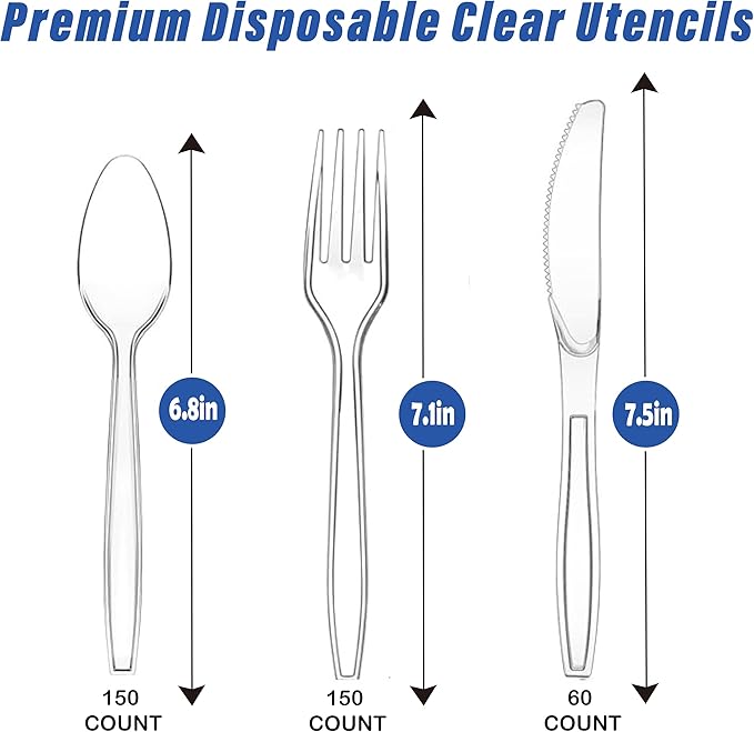 360 Count Heavy Duty Plastic Silverware, Disposable Clear Plastic Utensils Set, 150 Forks, 150 Spoons, 60 Knives, BPA-Free, Heat Resistant; Cutlery Set for Party