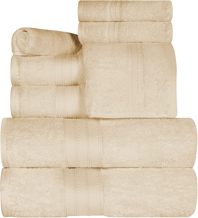 Superior Long Staple 100% Combed Cotton 700GSM 8-Piece Solid Towel Set for Bathroom, Shower, Kitchen-Super Soft, Assorted 8-Piece Towels, 4 Face/Washcloths, 2 Hand Towels, 2 Bath Towels, Almond