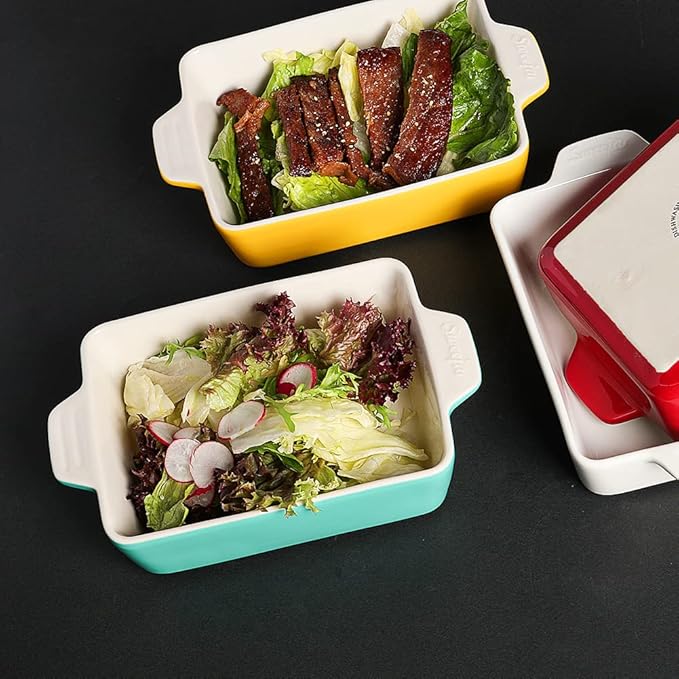 Sweejar Ceramic Baking Dish, Rectangular Small Baking Pan with Double Handles, 20 Oz for Cooking, Brownie, Kitchen, 6.5 x 4.9 x 1.8 Inches(White)