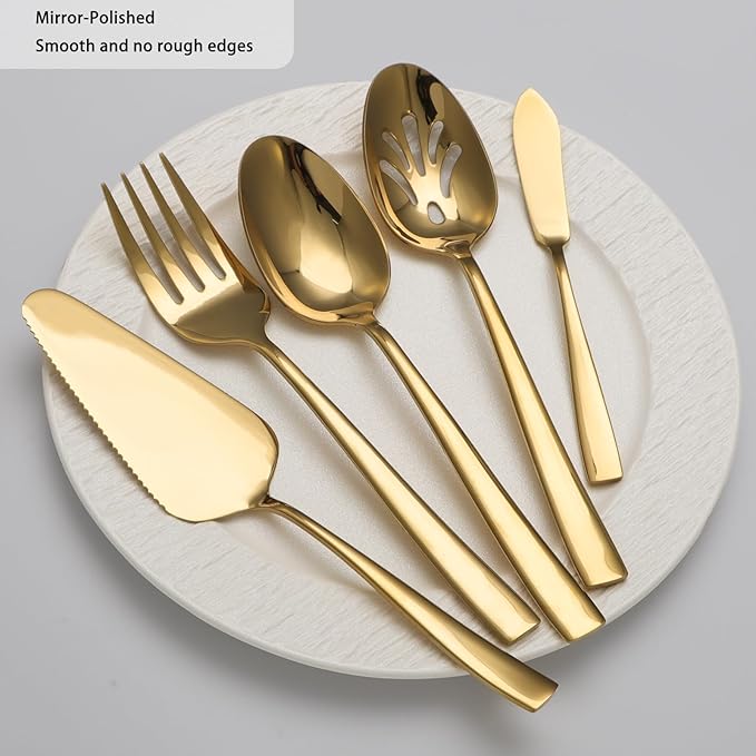 Large Hostess Serving Utensils Set, Stainless Steel Heavy Duty Serving spoons, Slotted Spoons, Serving Fork, Cake Server, Butter Knife, Dishwasher Safe (Gold)