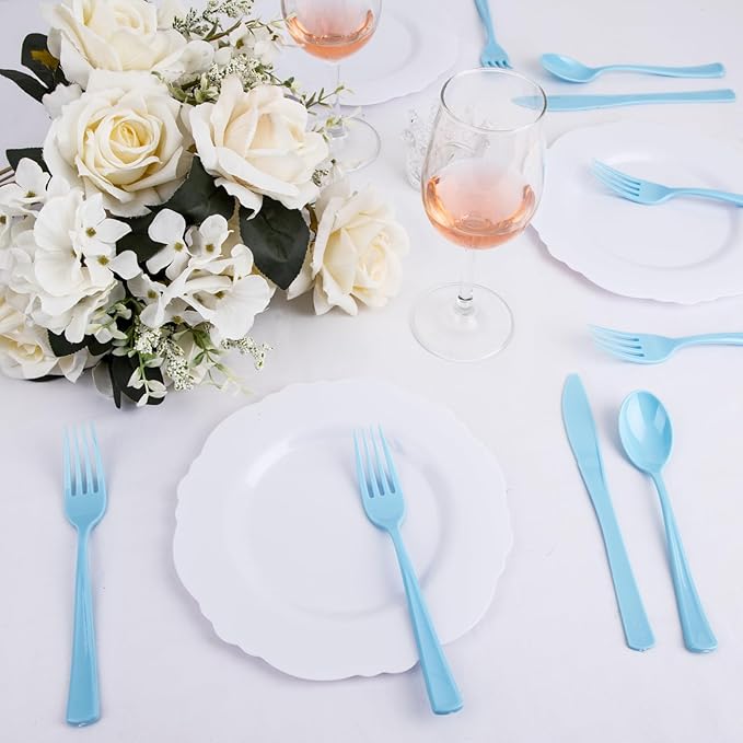 WDF 160 Piece Blue Plastic Silverware - Heavy Duty Blue Silverware Includes 80 Forks, 40 Spoons, 40 Knives, Disposable Plastic Utensils Perfect for Wedding, Graduation, Party