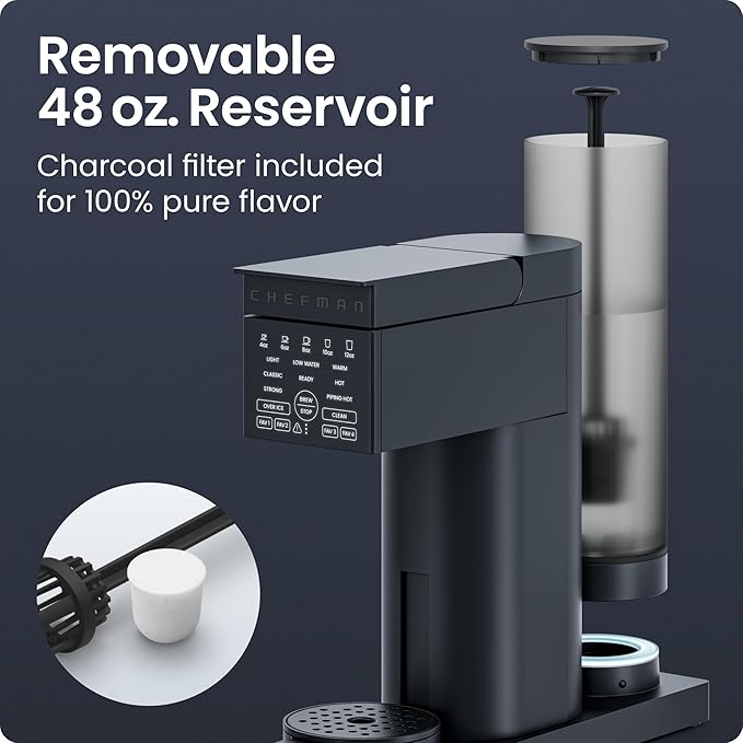 Chefman Caffeinator Single Serve Coffee Maker, Brew Kcups & Grounds, Drip Coffee Machine with Brew Strength Settings, Iced Coffee Function, 48 oz. Removable Water Reservoir