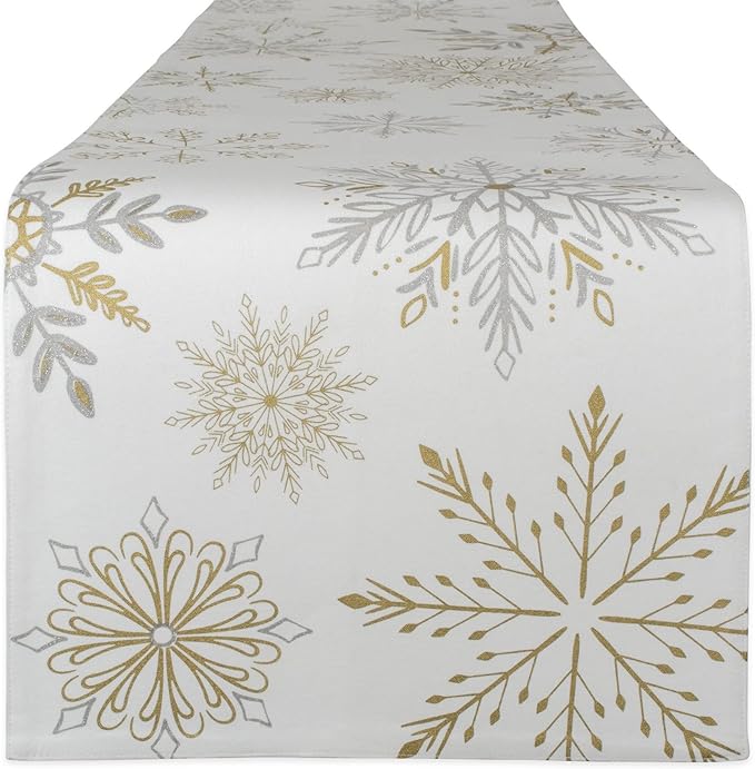 DII Holiday Dining Table Linen Sparkle Metallic Kitchen Décor, Table Runner, 14x108, Snowflakes Print