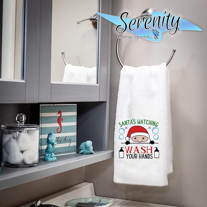 Santa's Watching Hand Towel - Funny Christmas Bathroom Decor - Wash Your Hands Design - 16x24 Inches - 100% Polyester
