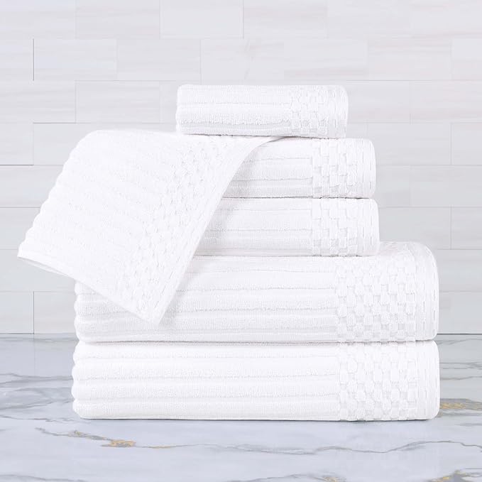 Cotton 6-Piece Solid and Ribbed Towel Set, Face Towels 13” x 13”, Hand Towels 16” x 28”, Bath Towels 27” x 54”, White by Superior