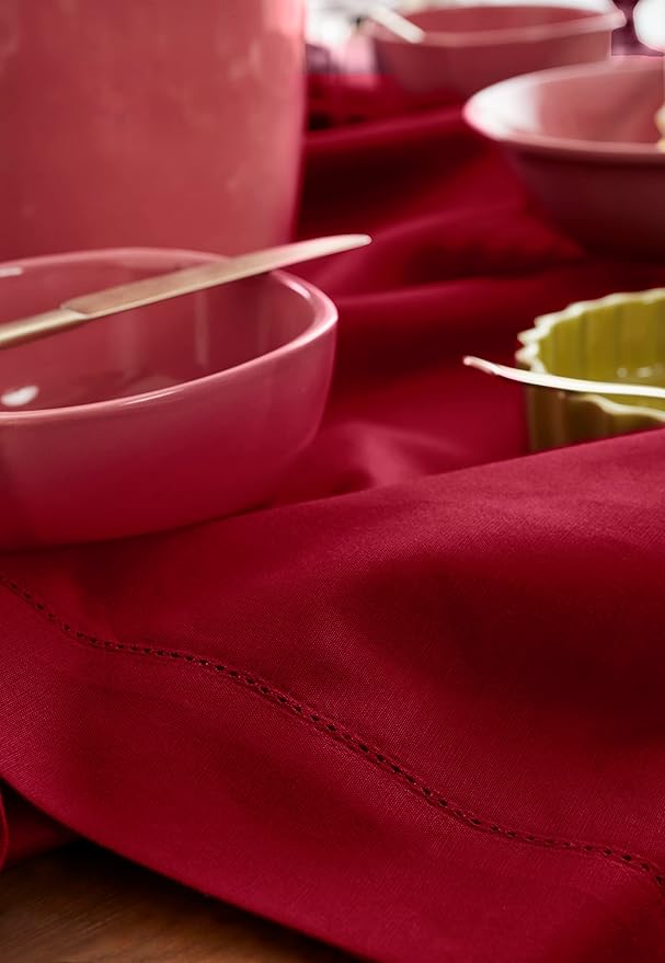 Solino Home Red Tablecloth 52 x 52 Inch - Cotton Linen Hemstitch Square Tablecloth - Machine Washable Table Throw for Winter, Valentines, Holiday, New Year