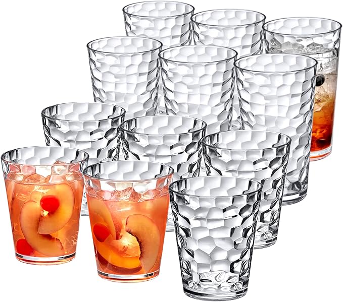 Amazing Abby Iceberg 16-Ounce and 24-Ounce Tumblers (Set of 12), Clear Drinking Glasses, Reusable Plastic Cups, Stackable, BPA-Free, Shatter-Proof, Dishwasher-Safe