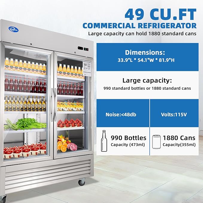 Beverage Refrigerator, 49 Cu.Ft Drink Fridge with Glass Door, Commercial Fridge with 8 Adjustable Shelves, Commercial Refrigerator with Front Led Light for Restaurant, Supermarket, Gym