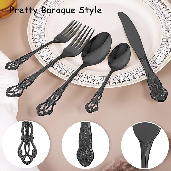 60 Piece Gorgeous Retro Royal Black Silverware Set for 12, Premium Stainless Steel Flatware Set with gift box, Mirror Polished Cutlery Set Including Spoons and Forks, Vintage Utensils, Dishwasher Safe