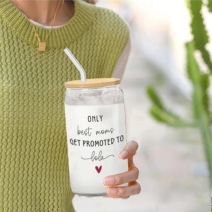 Lola Grandma Announcement Gifts Glass Cup with Lids and Straws 14oz, Pregnancy Announcement for Grandma, Get Promoted to Lola Glass Iced Coffee Tumbler Drinking Jars with Cleaning Brush