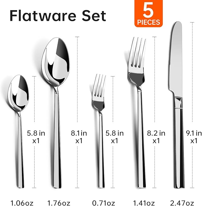 WANGYUANJI 5-Piece Stainless Steel Flatware Set, Mirror-Finish Silverware Place Setting for 1 — Knife, 2 Forks & 2 Spoons, Dishwasher Safe
