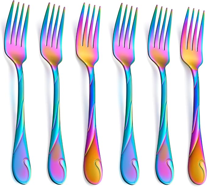 Rainbow Salad Fork Set, 6.9-inch Stainless Steel Dessert Forks, 6-Piece Shiny Metal Small Cake Fork, Iridescent Silverware Set, Dishwasher Safe