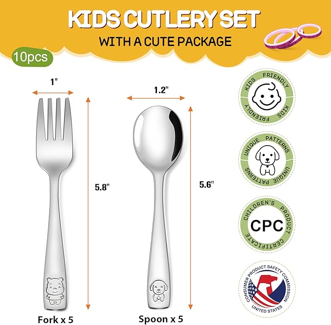 VITEVER 10-Piece Toddler Utensils, Kids Stainless Steel Silverware Set, Children Safe Forks and Spoons - Mirror Polished, Dishwasher Safe