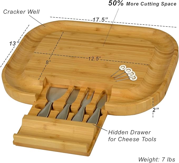 Picnic at Ascot Personalized Monogrammed Engraved Bamboo Cutting Board for Cheese & Charcuterie - includes Knife Set & Cheese Markers- Designed & Quality Checked in USA