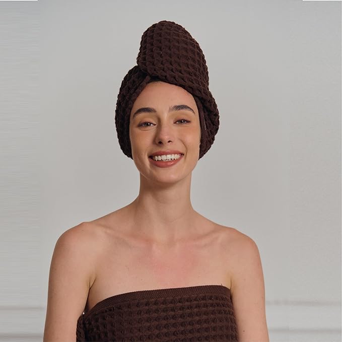 100% Organic Cotton Hair Drying Waffle Towel Wrap for Women | Absorbent & Quick Dry Head Turban for Wet Hair in Shower Sauna Spa, Extra Large for Long Straight Curly Plopping Button (Brown, 1 PACK)