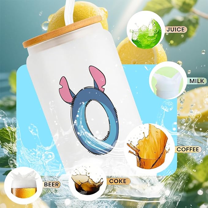 Cute Cartoon Lover Gifts Initial A-Z Personalized Iced Coffee Cup Cartoon Merch 16oz Glass Cup with Lid and Straws Birthday Christmas Gifts for Women Teen Girls Fans (Letter O)