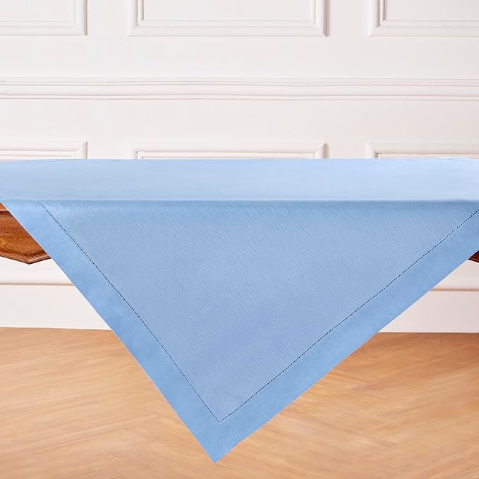 Solino Home Linen Cornflower Blue Tablecloth 52 x 52 Inch - 100% Pure Linen Square Table Throw - Classic Hemstitch, Machine Washable Table Cloth for Holiday, New Year