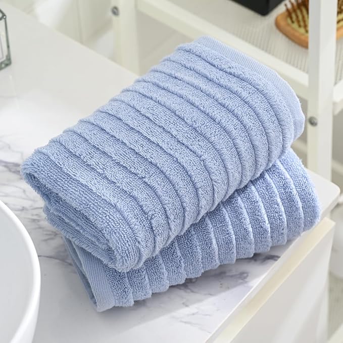 sense gnosis Blue Hand Towel Set of 2 Soft Stereoscopic Ladder Striped Design 100% Cotton Absorbent Luxury Decorative Towel for Bathroom 13 x 29 Inch