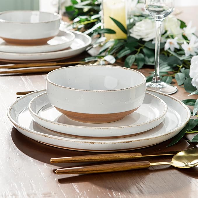 AmorArc 18 Pieces Ceramic Dinnerware Sets for 6, Handpainted Stoneware Plates and Bowls Set with Rustic Terracotta Underside, Scratch Resistant Dishes Set, Dishwasher & Microwave Safe, White