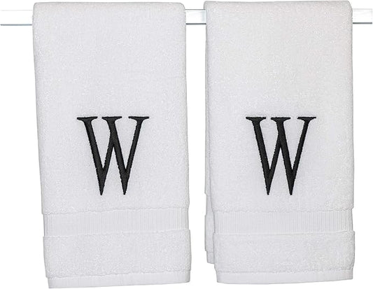 Black Luxury Hand Towel for Bathroom - Monogrammed Initial Hotel Quality Decorative Embroidered Towel for Powder Room, Spa - GOTS Organic Certified - Set of 2 Letter W