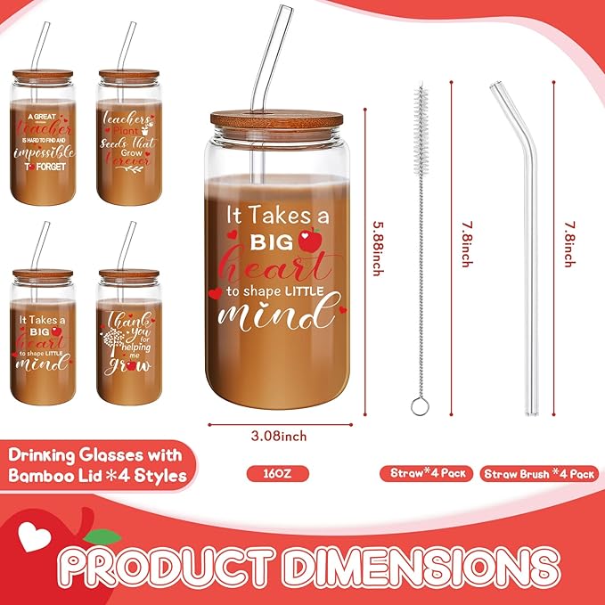 4 Pcs 16 oz Christmas Teacher Gifts for Women Teacher Appreciation Gifts Thank You Coffee Cup Tumbler Drinking Glass Beer Cups with Bamboo Lids Glass Straw Cleaning Brush for Employee Staff(Classic)