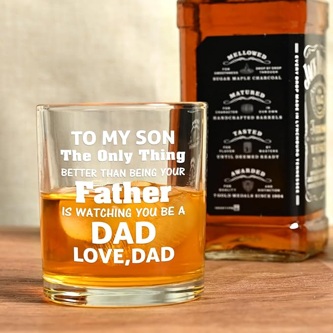 Futtumy Son Gifts from Dad, To My Son Watching You Be a Dad Whiskey Glass, Birthday Christmas Fathers Day Father to Be Gifts, 10 OZ Old Fashioned Glass