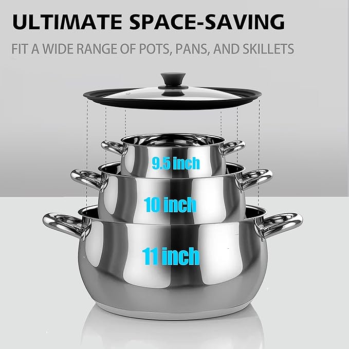 Tempered Glass Lid - Universal Lid with Heat Resistant Silicone Rim for Pots, Pans and Skillets - Pan Cover Replacement Lid Fits 9.5", 10" and 11" Diameter Cookware