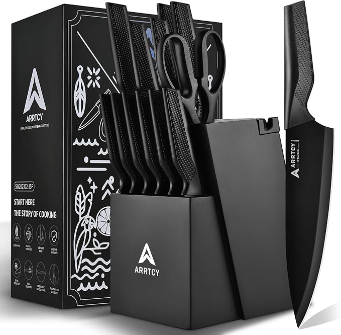 Knife Set with Block - Kitchen Knife Set German High-Carbon Steel - 15-Piece with Built-in Sharpener & Dishwasher Safe - Ergonomic Anti-Slip Handles,Black,Gift Box Included