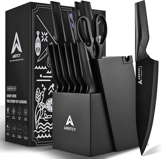 Knife Set with Block - Kitchen Knife Set German High-Carbon Steel - 15-Piece with Built-in Sharpener & Dishwasher Safe - Ergonomic Anti-Slip Handles,Black,Gift Box Included