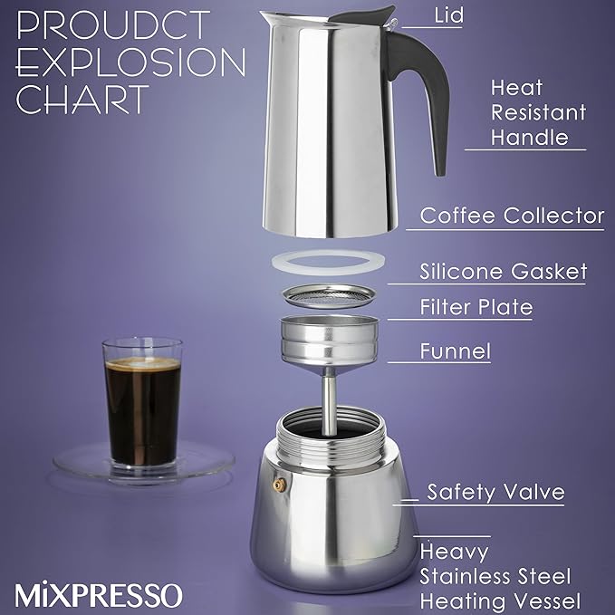 Mixpresso 12 Cup Greca Stovetop Espresso Pot 600ml/20oz, Moka Pot with Coffee Percolator Design, Stainless Steel Stove Top Coffee Maker for Camping or Home Use,Italian Stovetop Espresso Maker