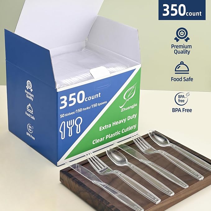 350pc Heavy Duty Plastic Silverware Set: 150 Forks/150 Spoons/50 Knives | Commercial Plastic Forks Spoons Knives BPA-Free & Temp-Resistant | Bulk Disposable for Party Catering Events