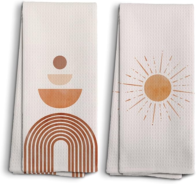 Boho Sun Sunshine Rainbow Geometric Semi Circle Kitchen Towels and Dishcloths Set of 2,Boho Absorbent Drying Cloth Hand Towels Tea Towels for Bathroom Kitchen,Boho Gifts for Women Girls,16×24 inches