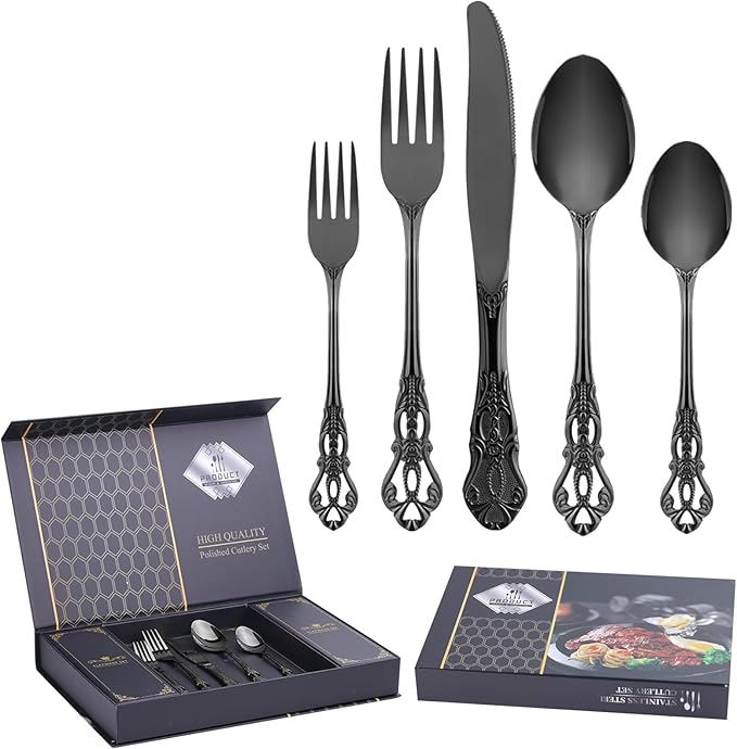 60 Piece Gorgeous Retro Royal Black Silverware Set for 12, Premium Stainless Steel Flatware Set with gift box, Mirror Polished Cutlery Set Including Spoons and Forks, Vintage Utensils, Dishwasher Safe