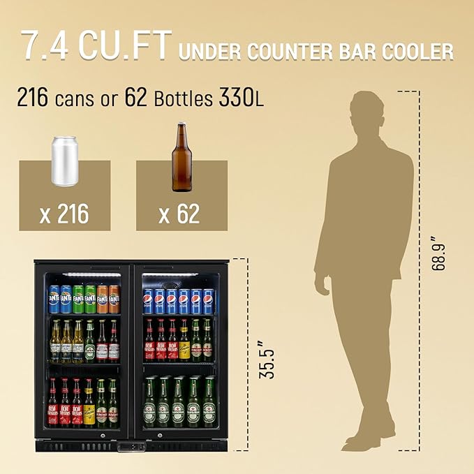 Commercial Back Bar Cooler with 2 Glass Doors, 7.4 cu.ft Under Counter Beverage Refrigerator, LED Lighting - ETL Certified Beer and Wine Cooler for Bar, Restaurant, Garage, Office, Home