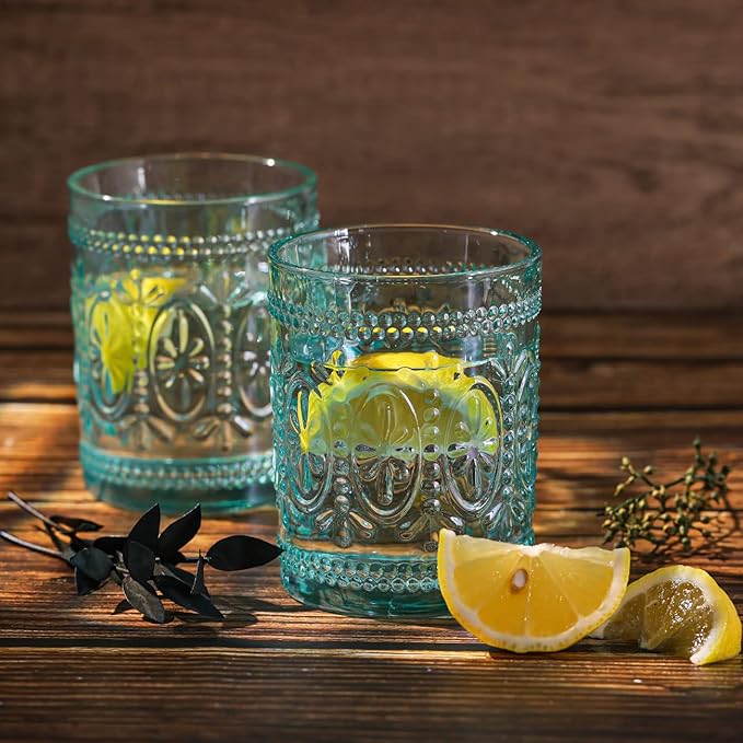 Glassware set of 4, Vintage Drinking Glasses, 10oz Heavy Duty Glass Cups, Colored Glassware Set, Embossed Glasses Set for Party Wedding Home Office Glassesware Gift
