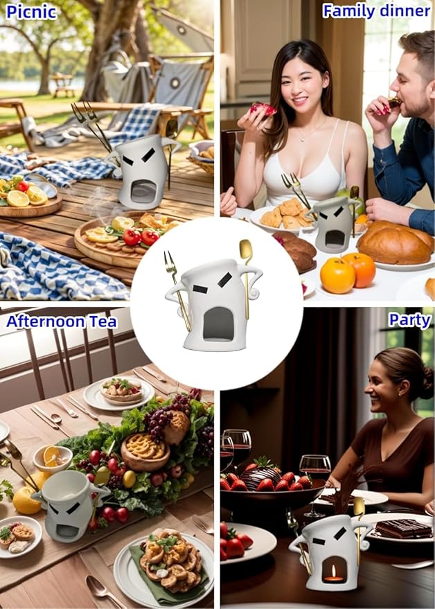 Chocolate Fondue Mug with Attitude - Ceramic Melting Cup with Fork, Candle Warmer - Perfect for Date Night, Dessert, Family Fun (Red)