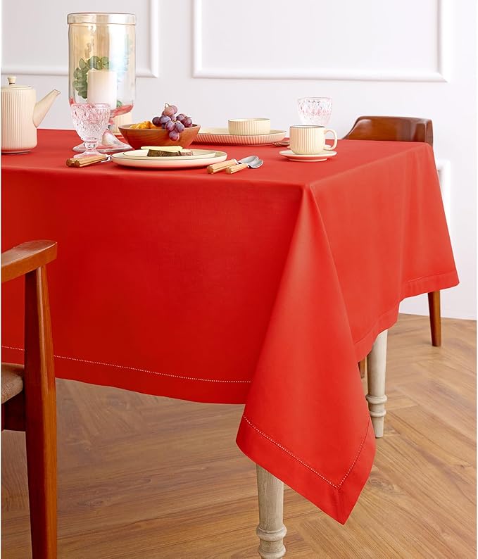 Solino Home Cotton Linen Tablecloth for Rectangle Tables 58 x 120 Inch - Hemstitch Poppy Red Table Cloth - Machine Washable Cloth Tablecloth for Valentines, New Year
