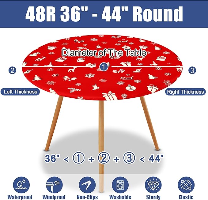 Round Spandex Christmas Tablecloth, Elastic Fitted Waterproof Tablecloths for 36"-44" Tables, Stretch Washable Picnic Table Cover for Christmas Dinner, Box Snowflake