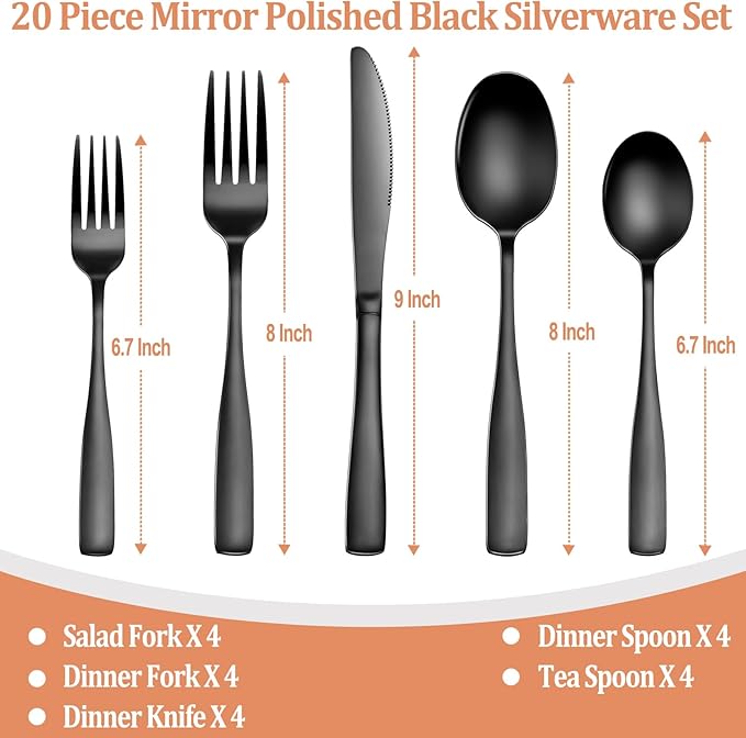 20 Pcs Black Silverware Set, Food-Grade Stainless Steel Flatware Set for 4, Square Cutlery Set, Mirror Polished Tableware Eating Utensils Set for Kitchen, Include Knife Fork Spoon Set,Dishwasher Safe