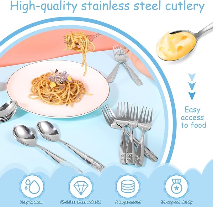 Pimoys 12 Pieces Kids Silverware Toddler Utensils Kids Forks and Spoons Set, Metal Toddler Cutlery Stainless Steel Childrens Flatware Set, Dishwasher Safe