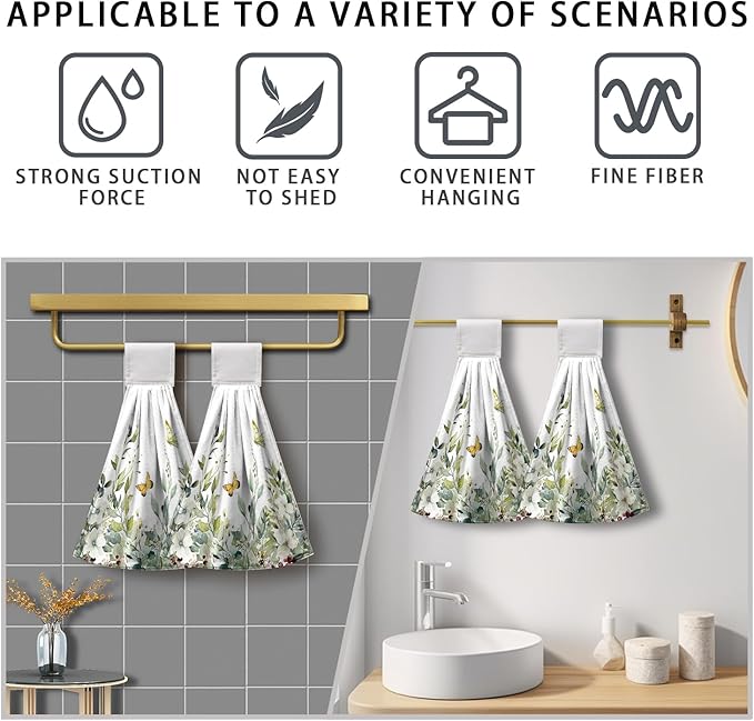 Sage Green Eucalyptus Hand Tie Towels Set of 2 Spring Summer Leaves Hanging Kitchen Towel 12 x 17 Inch Soft Absorbent Dish Towels with Hanging Loop for Kitchen Bathroom Hotel Gym