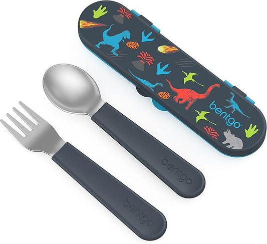 Bentgo Kids Stainless Steel Utensil Set - Reusable Fork, Spoon & Storage Case - High-Grade BPA-Free Stainless Steel, Easy-Grip Handles, Dishwasher Safe for School Lunch, Travel & Outdoors (Dinosaur)