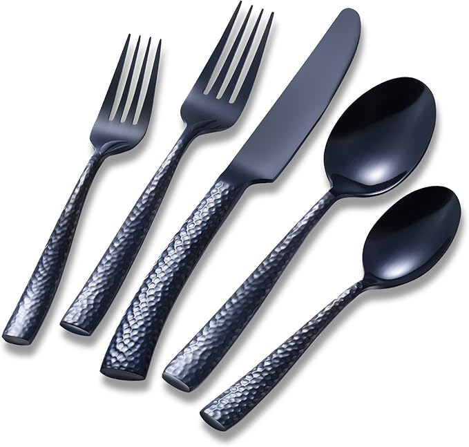 Silverware Set Black Hammered Pattern Flatware Cutlery Stainless Steel Utensil 20 Pieces Spoons Forks and Knives Service for 4