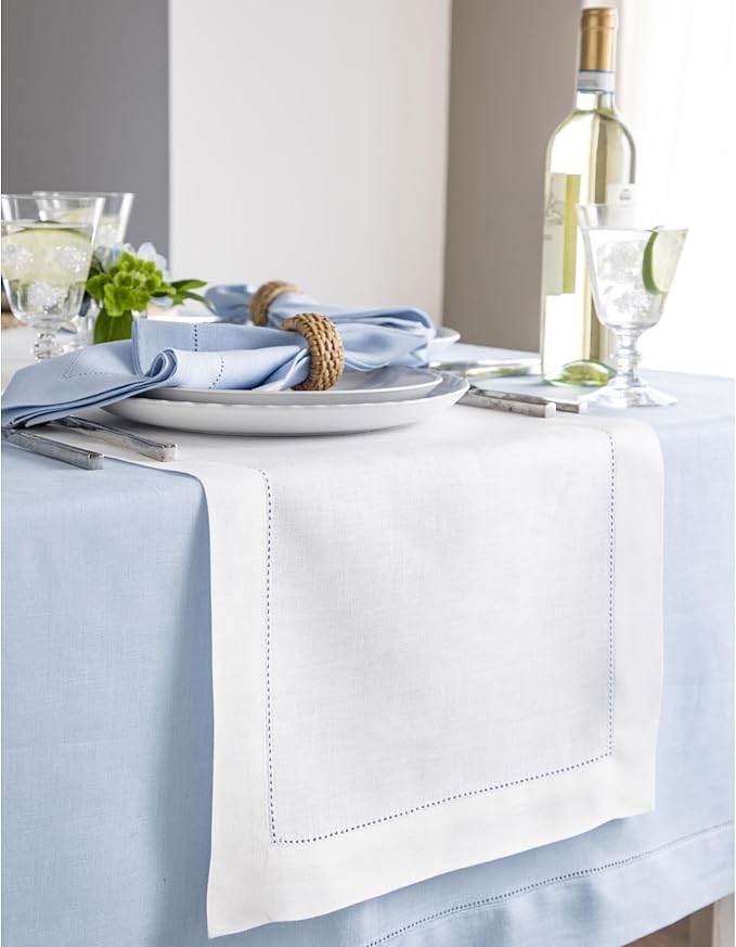 Solino Home Linen White Table Runner 48 Inches - Classic Hemstitch, 100% Pure Linen Coffee Table Runner 14 x 48 Inch Ideal for Dresser Tables - Winter, Holiday, Valentines, New Year