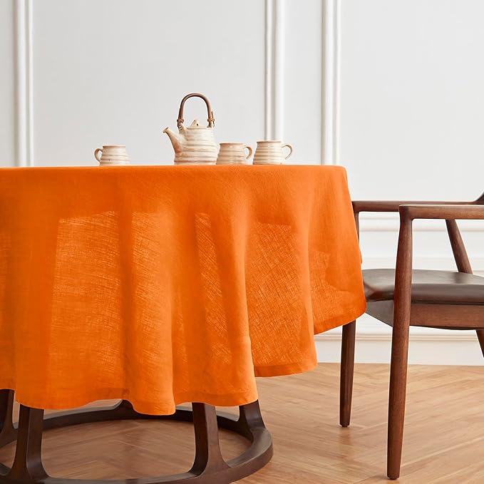 Solino Home Linen 60 Inch Round Tablecloth - 100% Pure Linen Pumpkin Round Tablecloth - Machine Washable Table Cloth for Holiday, New Year - Sonoma