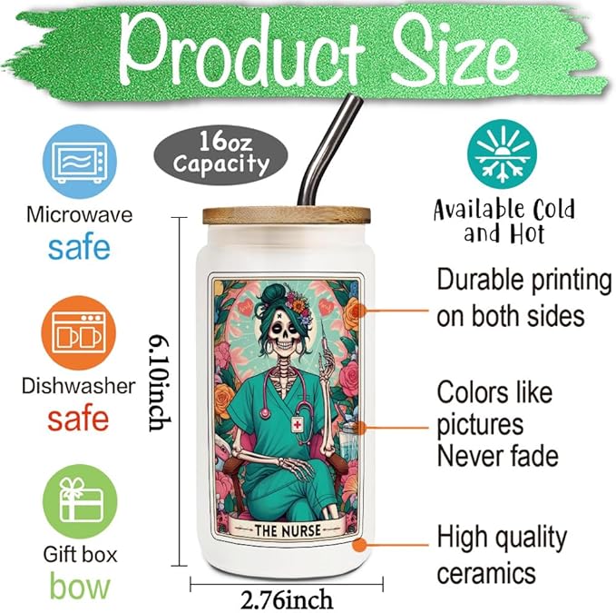 FALJIOK The Nurse Tarot Glass Cup w/Lid Straw 16OZ, RN Gifts for Nurses Women, Fun Nursing Gift for Halloween Christmas, Nurse Skeleton Appreciation Gifts
