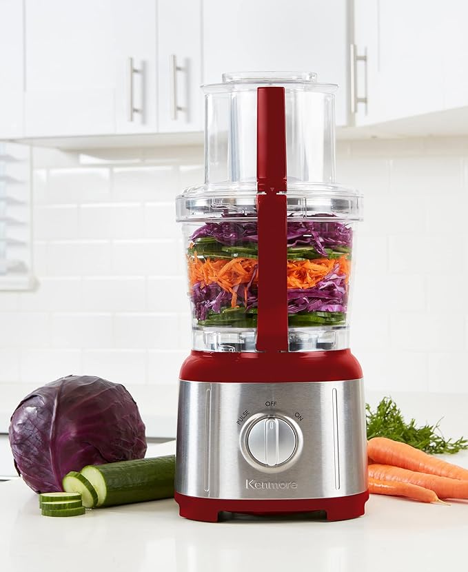 Kenmore 11 Cup Food Processor - Vegetable & Fruit Salad Cutter, Multifunctional, Chopper, Clicer, Mincer, Puree, Grater, Blades, Shredder, Compact Stainless Steel Kitchen Appliances, 500 W Red